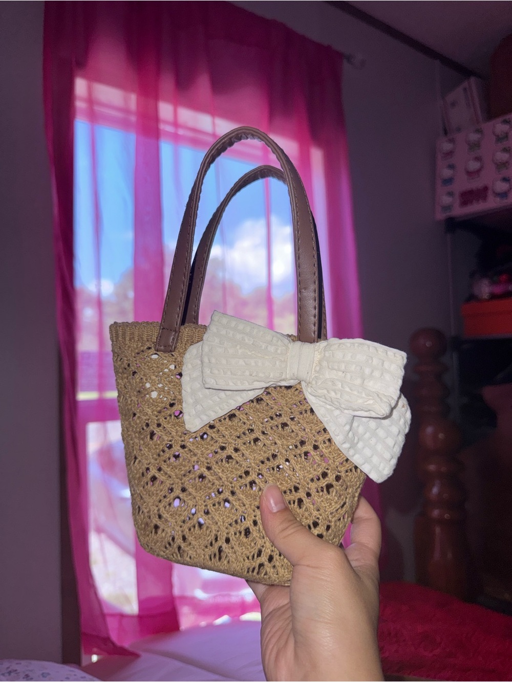 Kids Woven Mini Tote with Cream Bow Accent